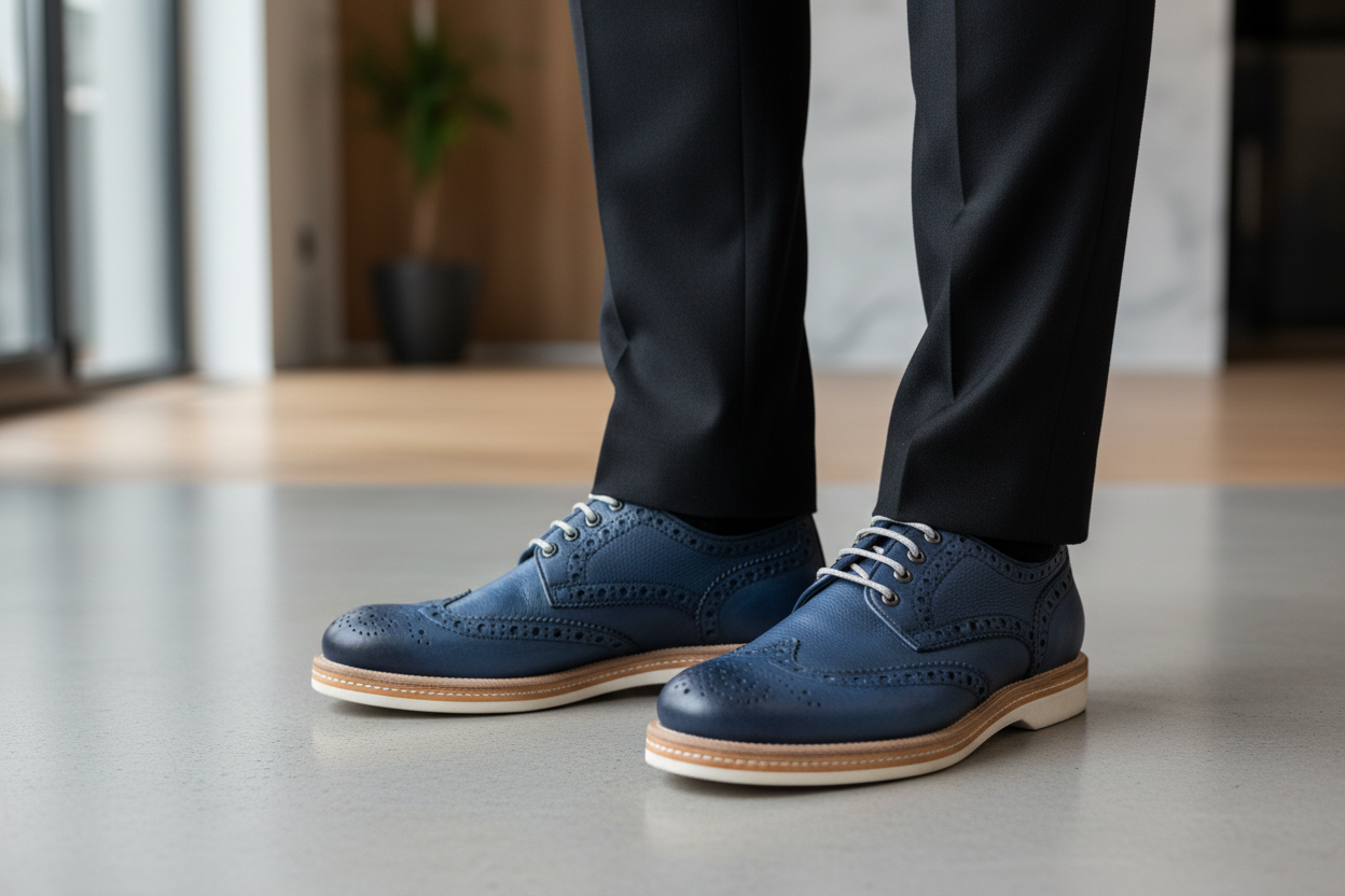 Scarpe brogue blu indossate