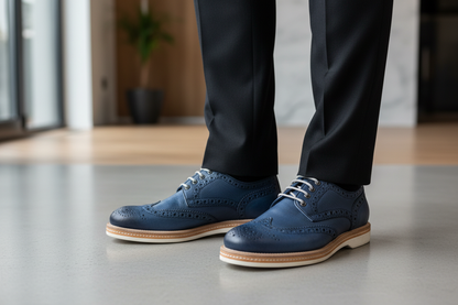 Scarpe brogue blu indossate