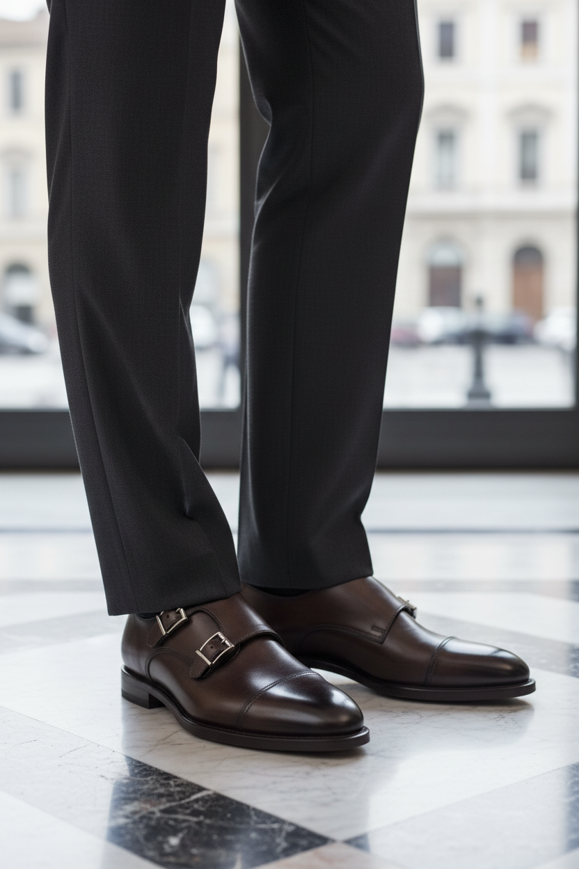 Scarpe double monk strap marroni indossate