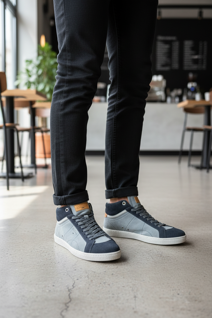 Sneaker alte grigie e blu indossate