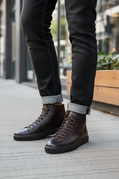 Sneaker alte in pelle marrone scuro indossate