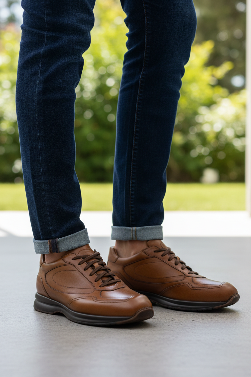 Sneaker marroni in pelle indossate