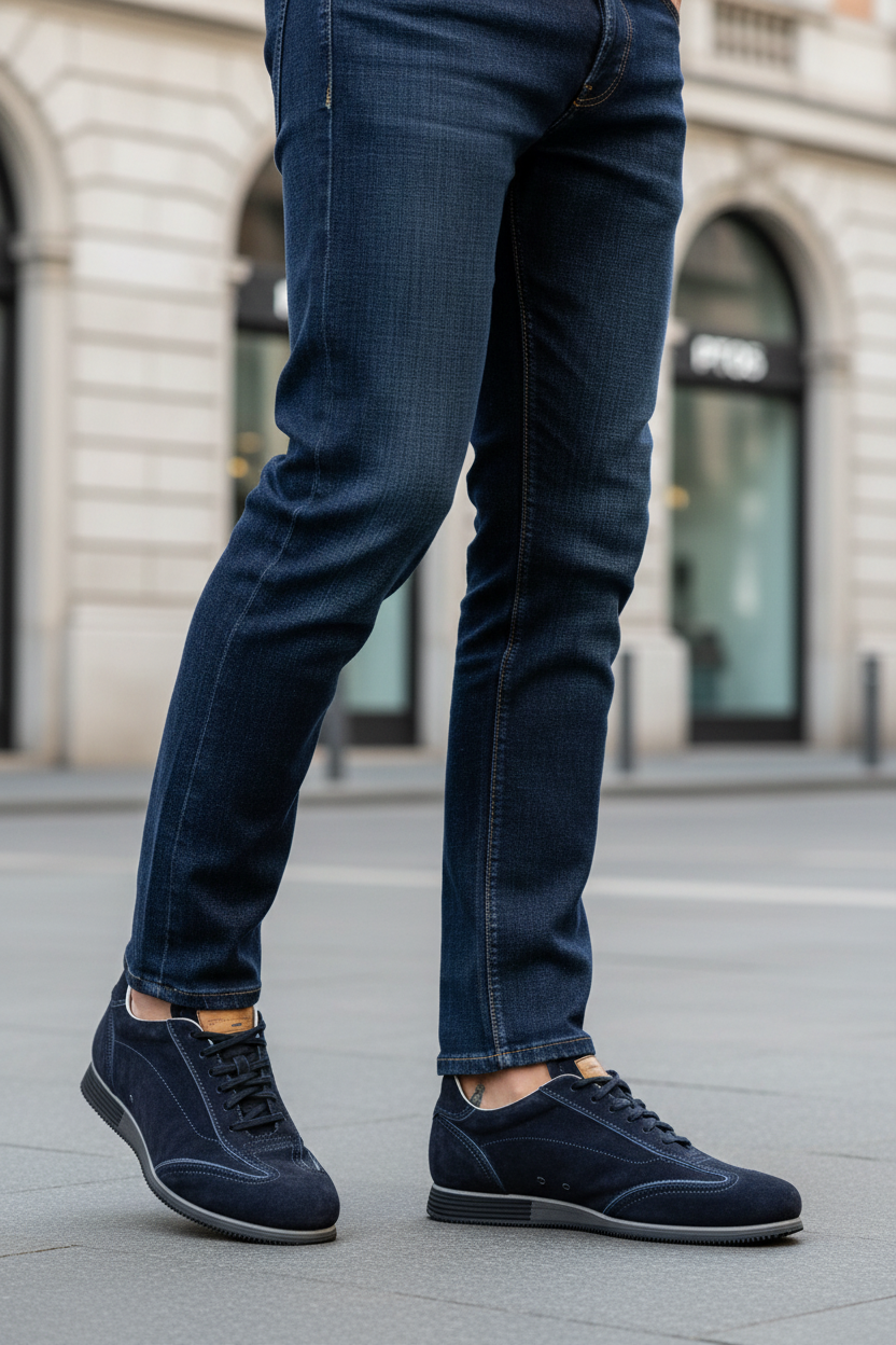 Sneakers blu navy in camoscio indossate