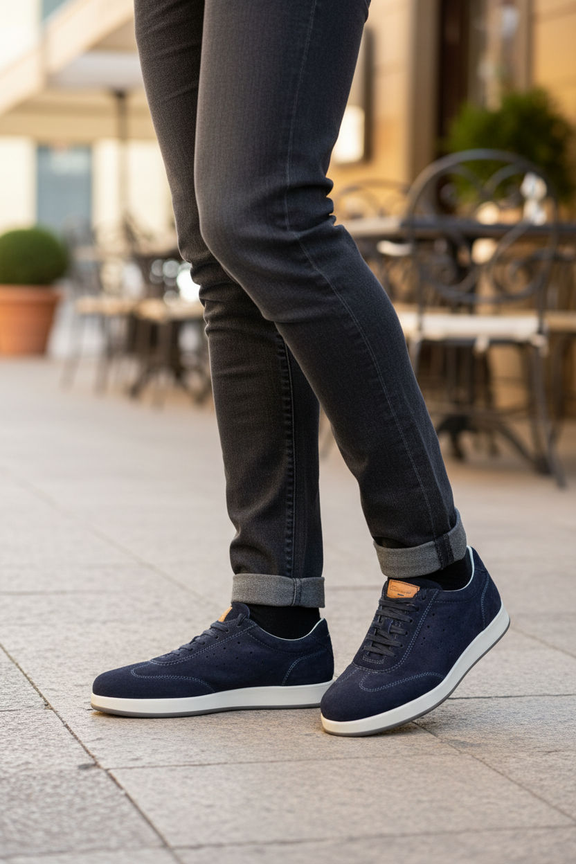 Sneakers blu navy in camoscio indossate