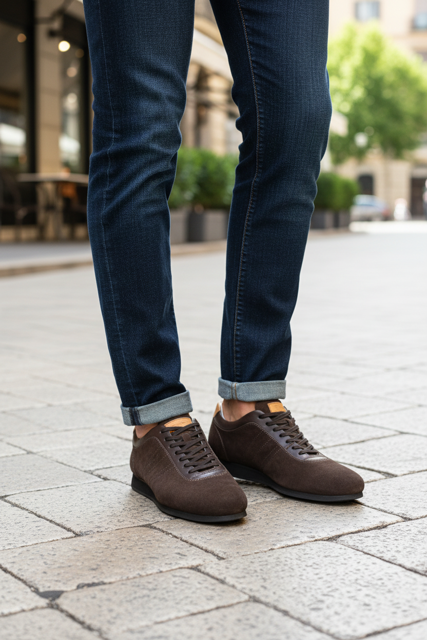 Sneakers marroni in camoscio indossate