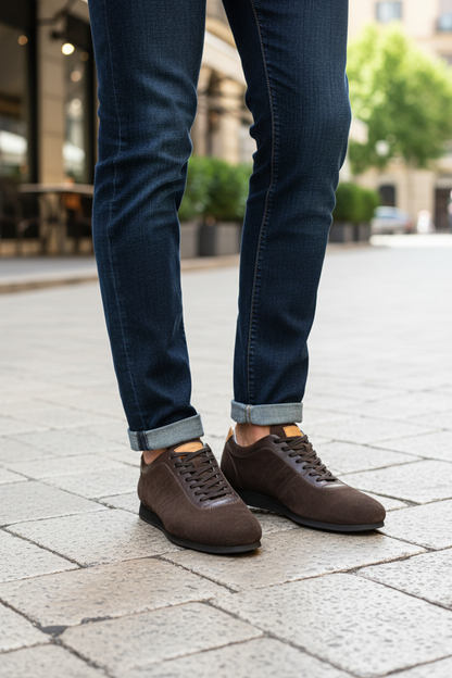 Sneakers marroni in camoscio indossate