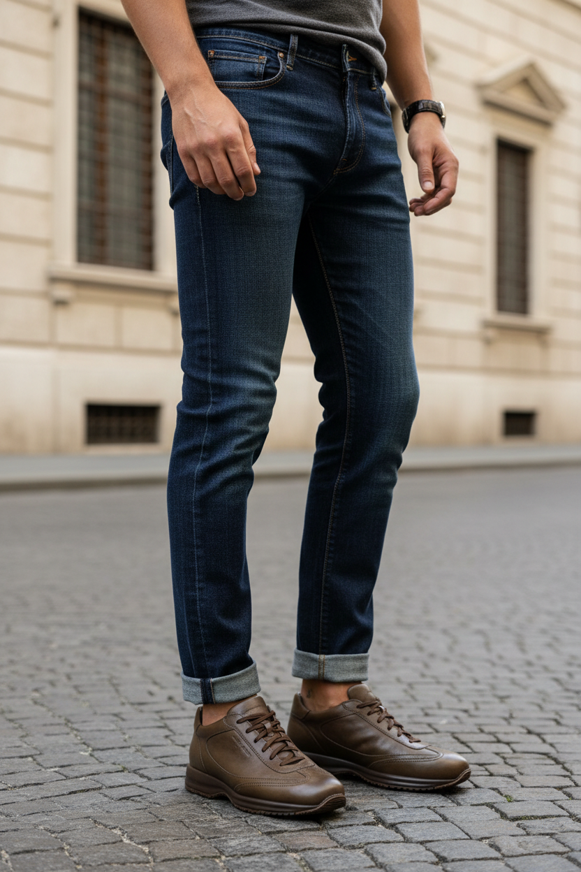 Sneakers marroni in pelle indossate