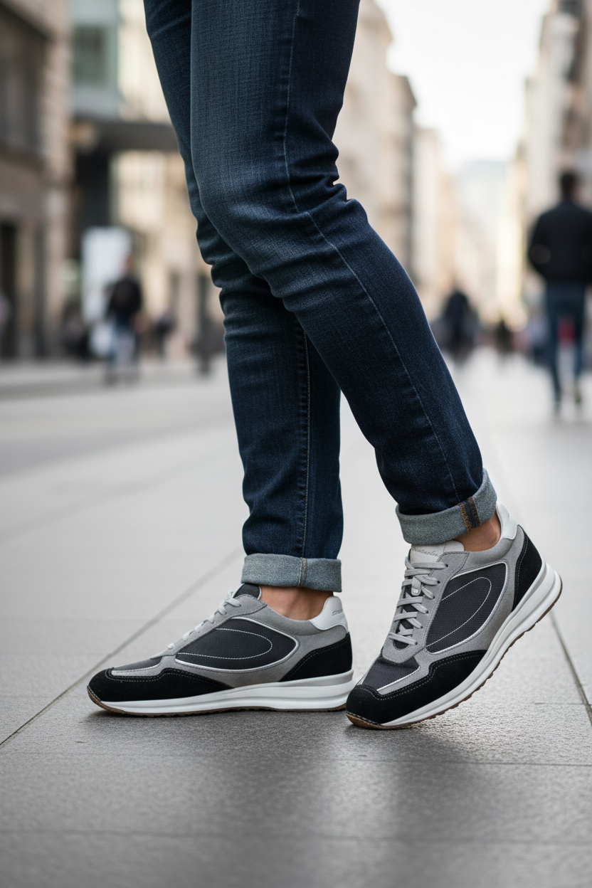 Sneakers sportive grigio e nero indossate