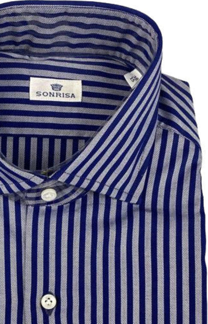 Camicia uomo Sonrisa casual in fantasia righe con collo francese, tessuto blu, vestibilità comoda, stile classico e elegante.