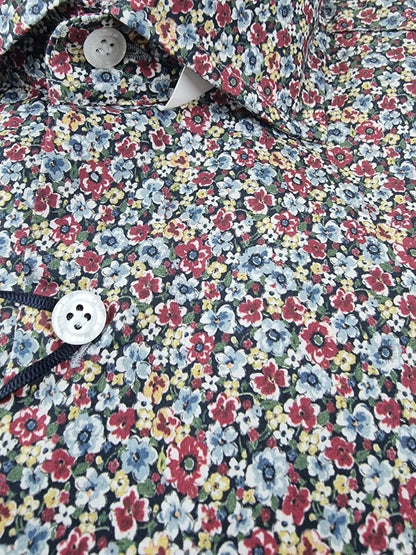 Camicia casual da uomo Sonrisa in cotone con fantasia floreale blu cielo, maniche lunghe e stile elegante.