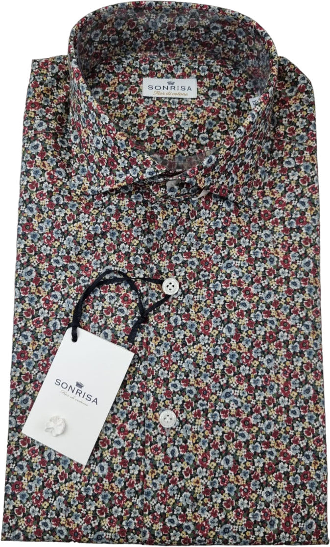 Camicia uomo Sonrisa in fiore di cotone, stile casual con motivo floreale, in tessuto celeste, perfetta per un look informale.