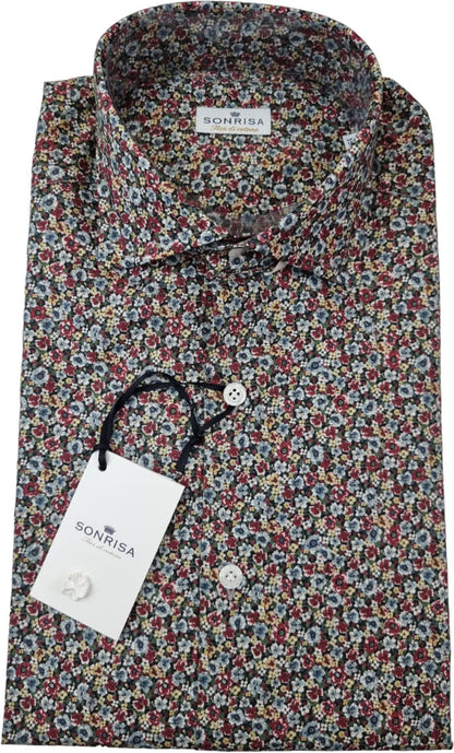 Camicia uomo Sonrisa in fiore di cotone, stile casual con motivo floreale, in tessuto celeste, perfetta per un look informale.
