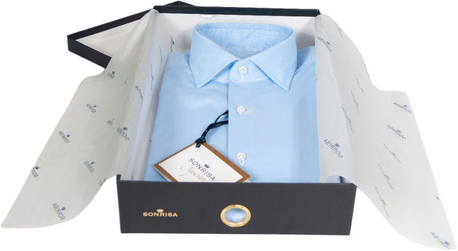 Camicia uomo Sonrisa tinta unita celeste con collo francese, abbigliamento casual moda uomo.