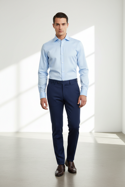 Camicia casual uomo Sonrisa tinta unita celeste con collo francese, tessuto morbido e stile elegante, ideale per look informali.