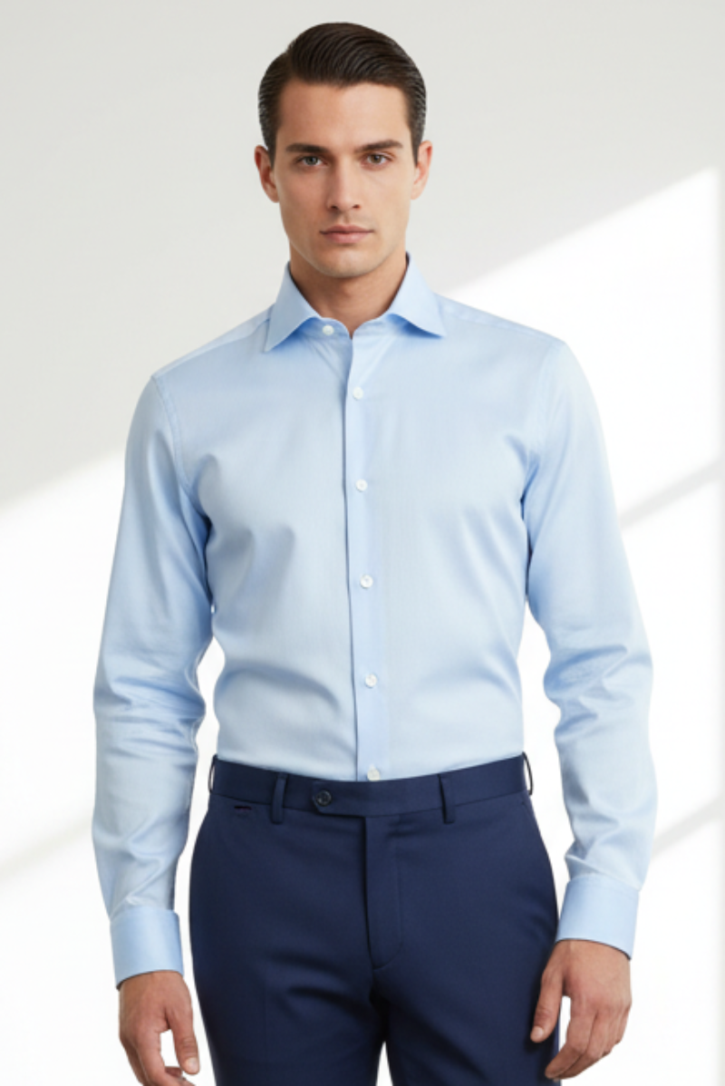 Camicia casual uomo Sonrisa tinta unita celeste con collo francese, abbigliamento moda uomo, immagine frontale