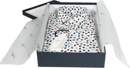 Camicia uomo Sonrisa casual bianca con fantasia multicolore, collo francese, tessuto leggero e stile elegante.