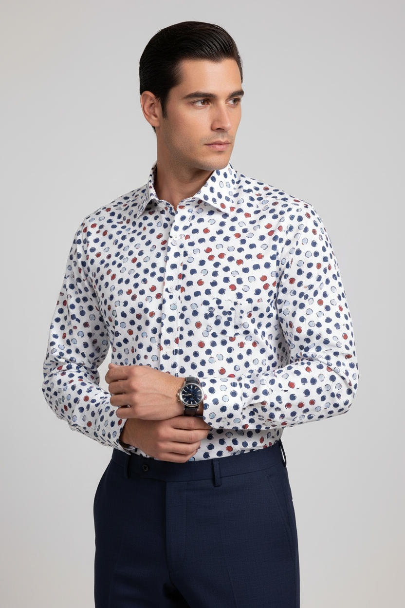 Camicia uomo Sonrisa bianca con fantasia multicolore, collo francese, abbigliamento casual moda uomo, camicia elegante e confortevole