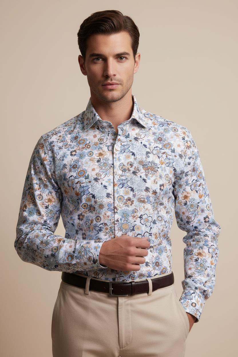 Camicia uomo Sonrisa casual con fantasia fiori bianco, celeste e marrone, collo francese, tessuto leggero e stile elegante.
