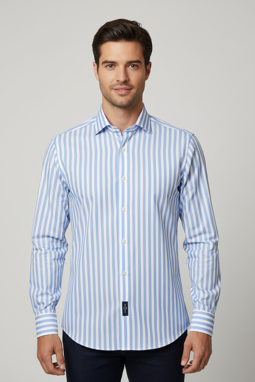 Camicia casual da uomo Sonrisa con fantasia a righe bianco e celeste, collo francese, tessuto morbido e stile classico.