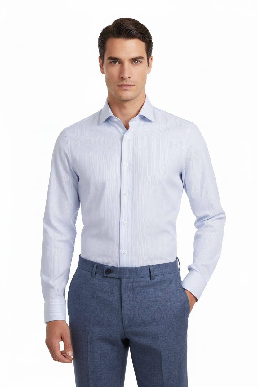 Camicia uomo Sonrisa casual a righe bianco e azzurro con colletto francese, tessuto leggero e stile elegante.