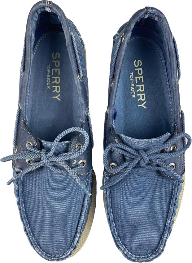 Scarpa uomo Sperry Mocassino A/O WEDGE CANVAS blu in denim, stile vintage, con suola wedge e design classico.