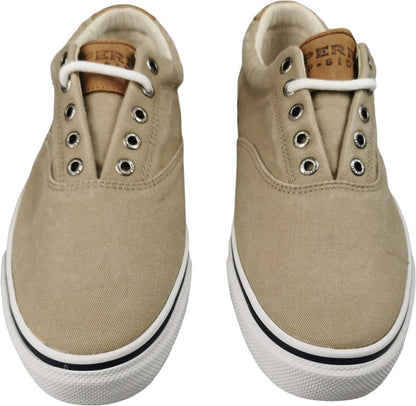 Scarpa uomo Sperry Striper CVO Chino, sneaker casual in canvas beige, con suola bianca e design classico.