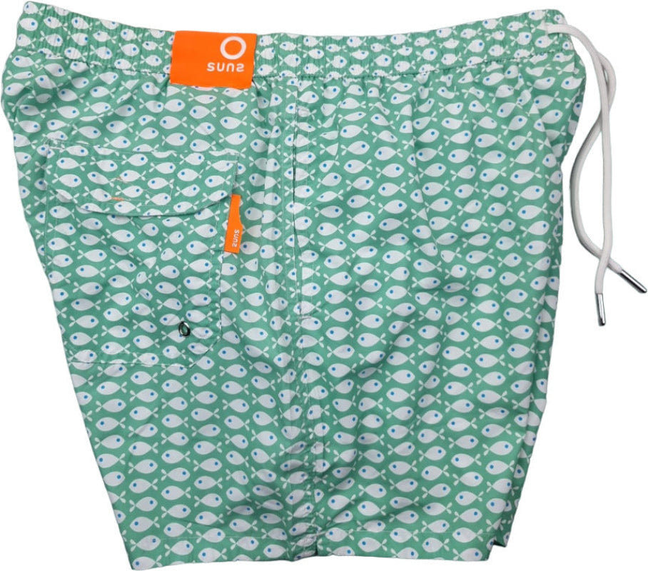 Boxer mare uomo Suns con fantasia pesci, verde, in tessuto leggero, ideale per mare e piscina, moda uomo Suns.
