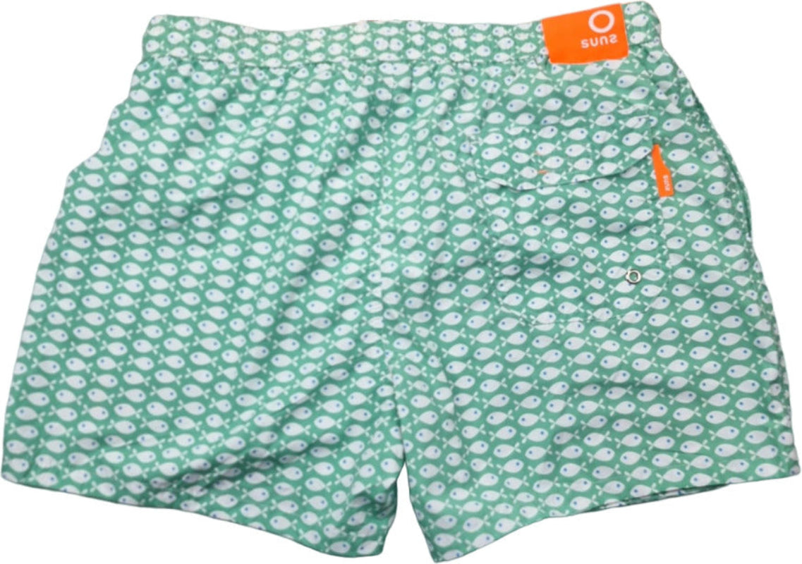 Boxer mare uomo Suns con fantasia pesci, pantaloncini corti verdi per abbigliamento mare e piscina, moda uomo.