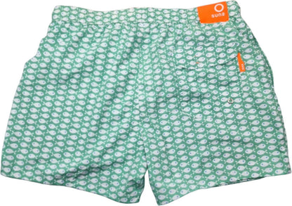 Boxer mare uomo Suns con fantasia pesci, pantaloncini corti verdi per abbigliamento mare e piscina, moda uomo.