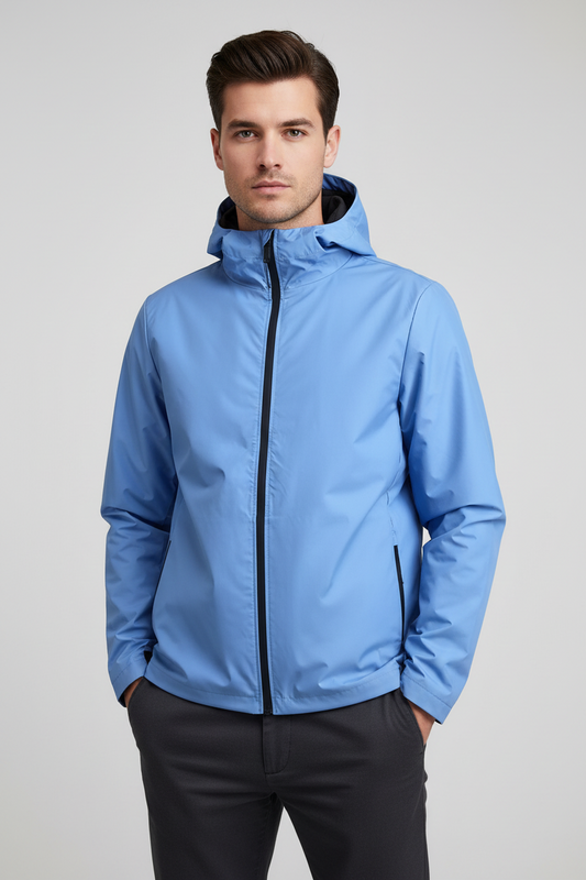 Giubbino uomo Sunstripes - impermeabile celeste con Cappuccio - Flyspecial