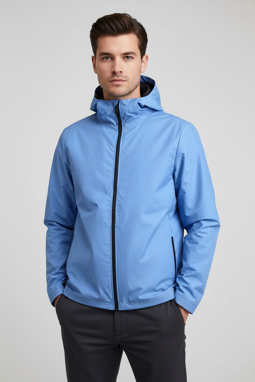 Giubbino impermeabile uomo Sunstripes celeste con cappuccio, moda uomo, giacca leggera e resistente all'acqua.