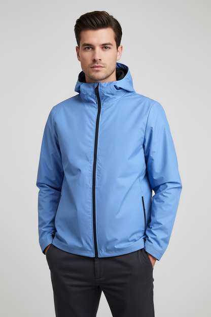 Giubbino impermeabile uomo Sunstripes celeste con cappuccio, moda uomo, giacca leggera e resistente all'acqua.