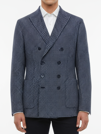 Giacca da uomo The Gigi doppio petto con motivo a quadri piccoli blu e bianco, moda uomo, abbigliamento elegante.