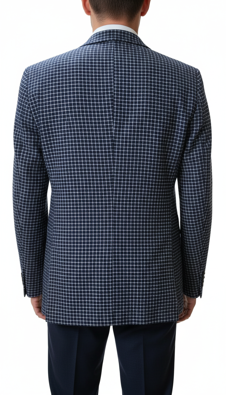 Giacca da uomo The Gigi con doppio petto e quadri piccoli blu e bianco, abbigliamento moda uomo.
