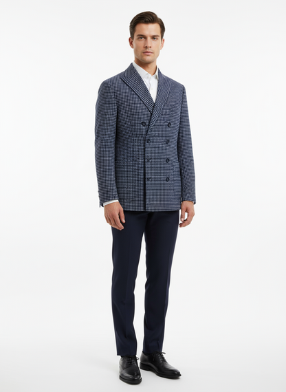 Giacca uomo The Gigi a doppio petto con quadri piccoli blu e bianco, elegante e alla moda, in tessuto di alta qualità.