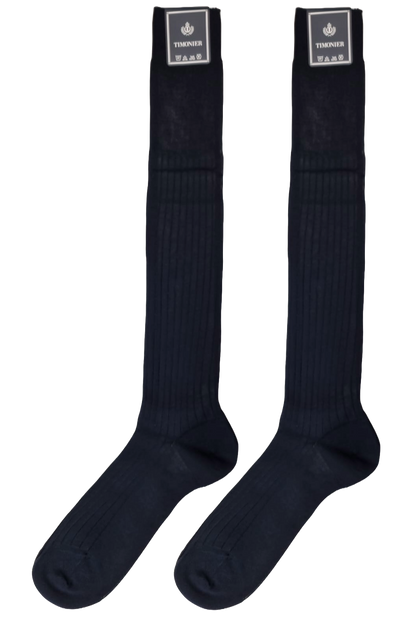 Calze lunghe uomo Timonier in cotone egiziano, blu tinta unita con motivo a coste, morbide e resistenti, stile moda uomo.