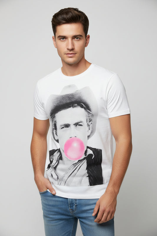 T-Shirt uomo Let's Bubble stampa personaggi bianco streetwear italiano. indossato