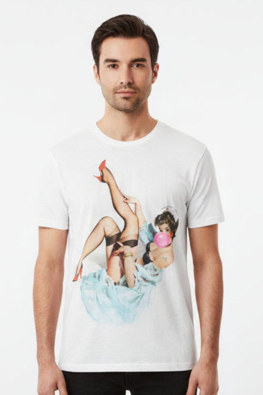 T-Shirt uomo Let's Bubble stampa personaggi bianco streetwear creativo.