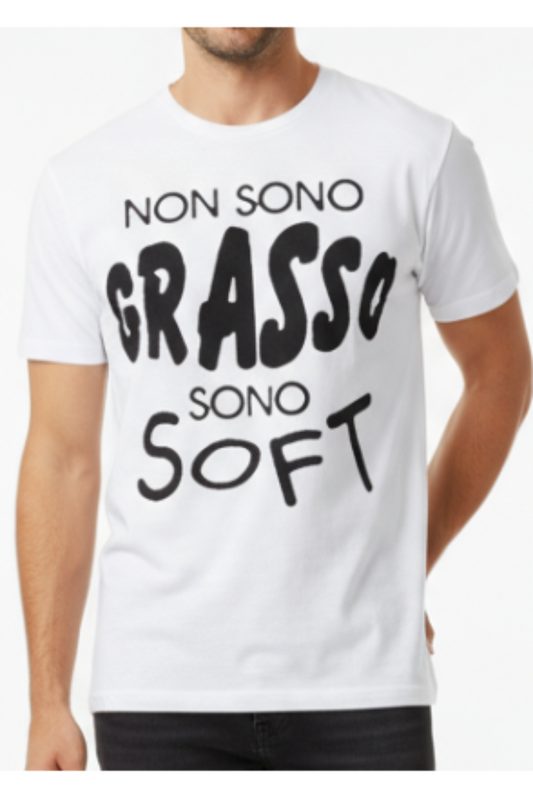 T-Shirt uomo Let's Bubble stampa Soft bianco. Indossata