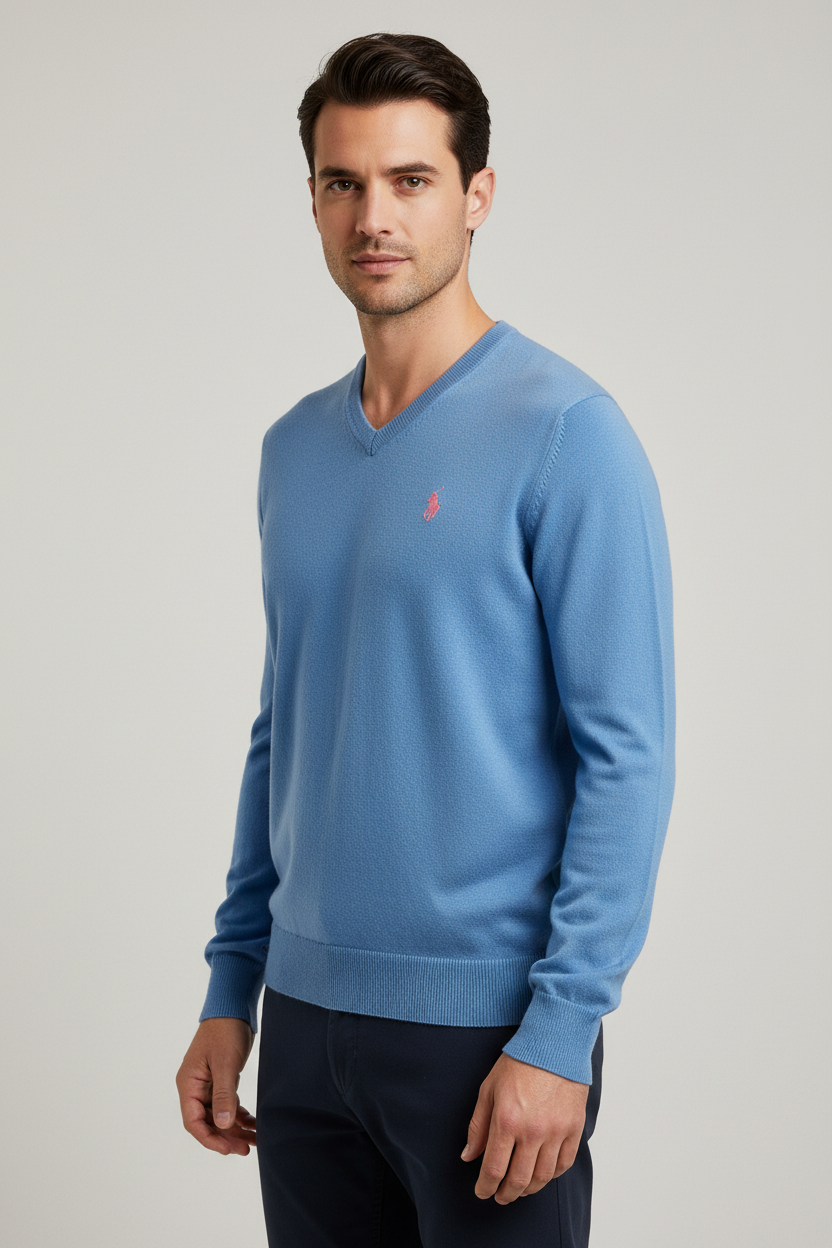 Maglia uomo US POLO ASSN con scollo a V, tessuto azzurro, abbigliamento moda uomo, maglie e maglioni.