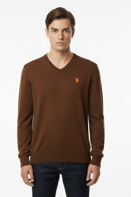 Maglia uomo US POLO ASSN. con scollo a V, colore marrone, in tessuto morbido, stile casual e confortevole.