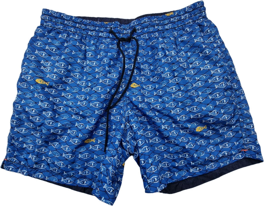 Boxer mare uomo Zeybra Portofino 1962, pantaloncini doppio volto con fantasia pesci blu, made in Italy, moda uomo mare.