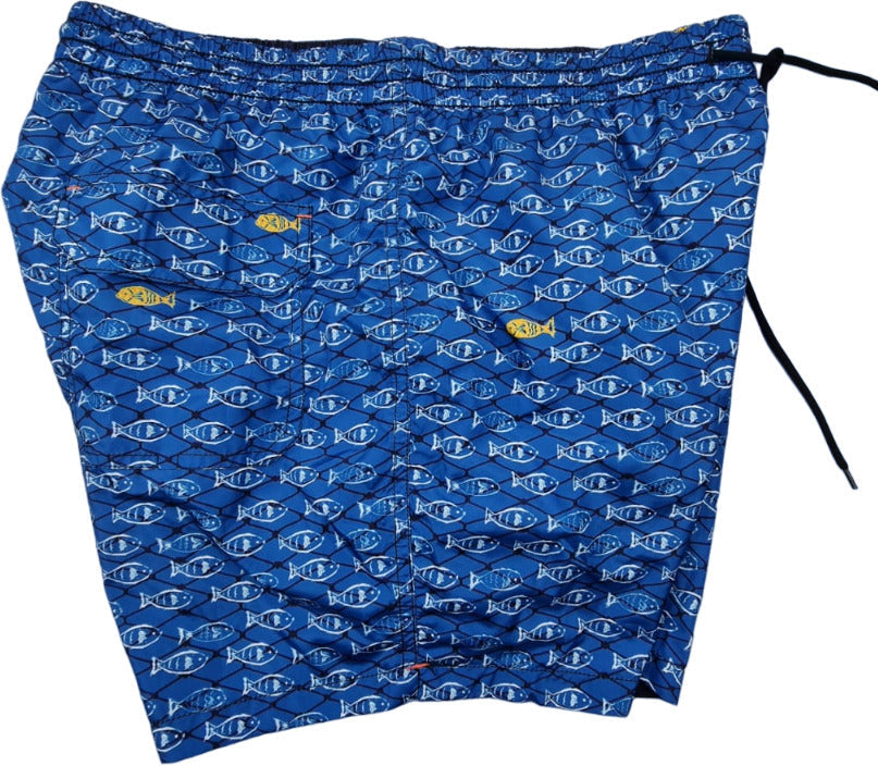 Boxer mare uomo Zeybra Portofino 1962 con fantasia doppia faccia blu con pesci, tessuto di alta qualità, made in Italy.