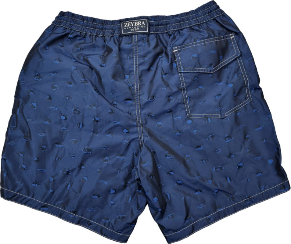 Boxer mare uomo Zeybra Portofino 1962 con fantasia pesci blu, tessuto leggero ideale per mare e piscina.