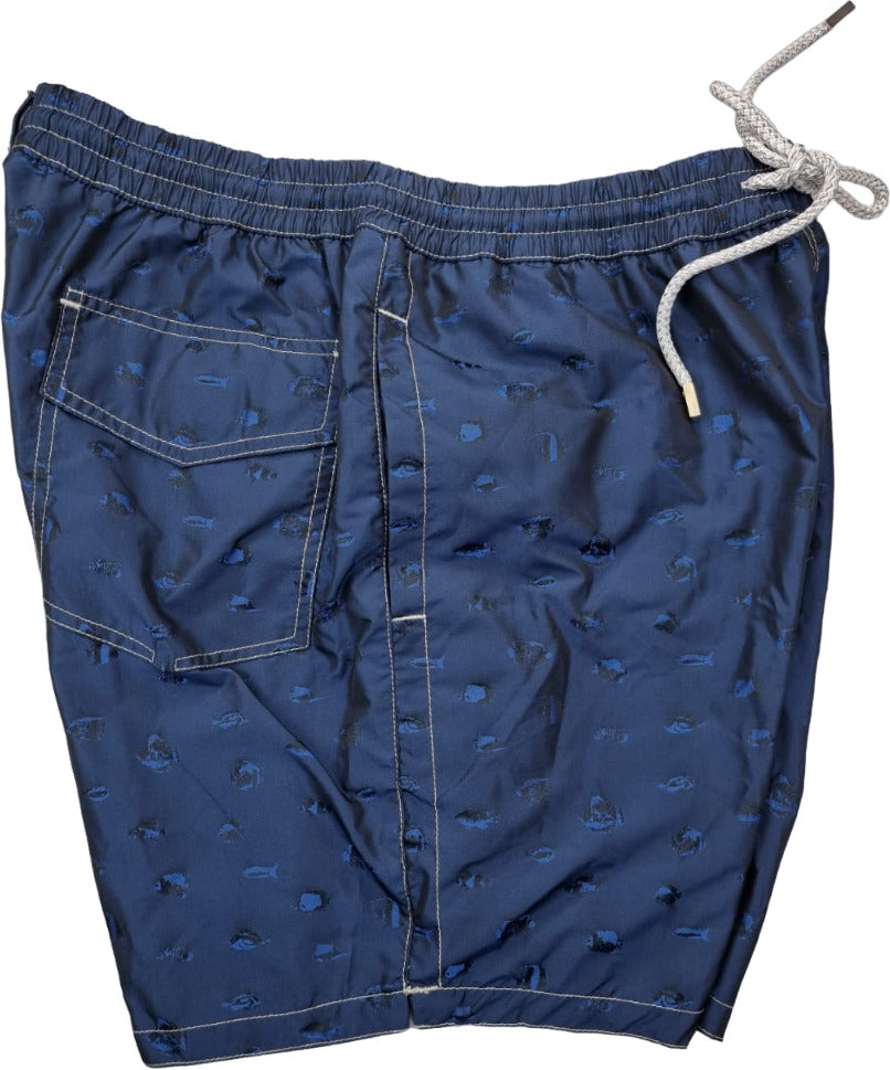 Boxer mare uomo Zeybra Portofino 1962 con fantasia pesci blu, tessuto leggero, ideale per mare e piscina, stile casual e colorato.