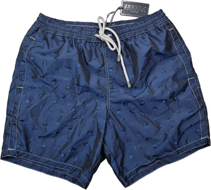Boxer mare uomo Zeybra Portofino 1962 con fantasia pesci blu, pantaloncini da mare eleganti e comodi, moda uomo.